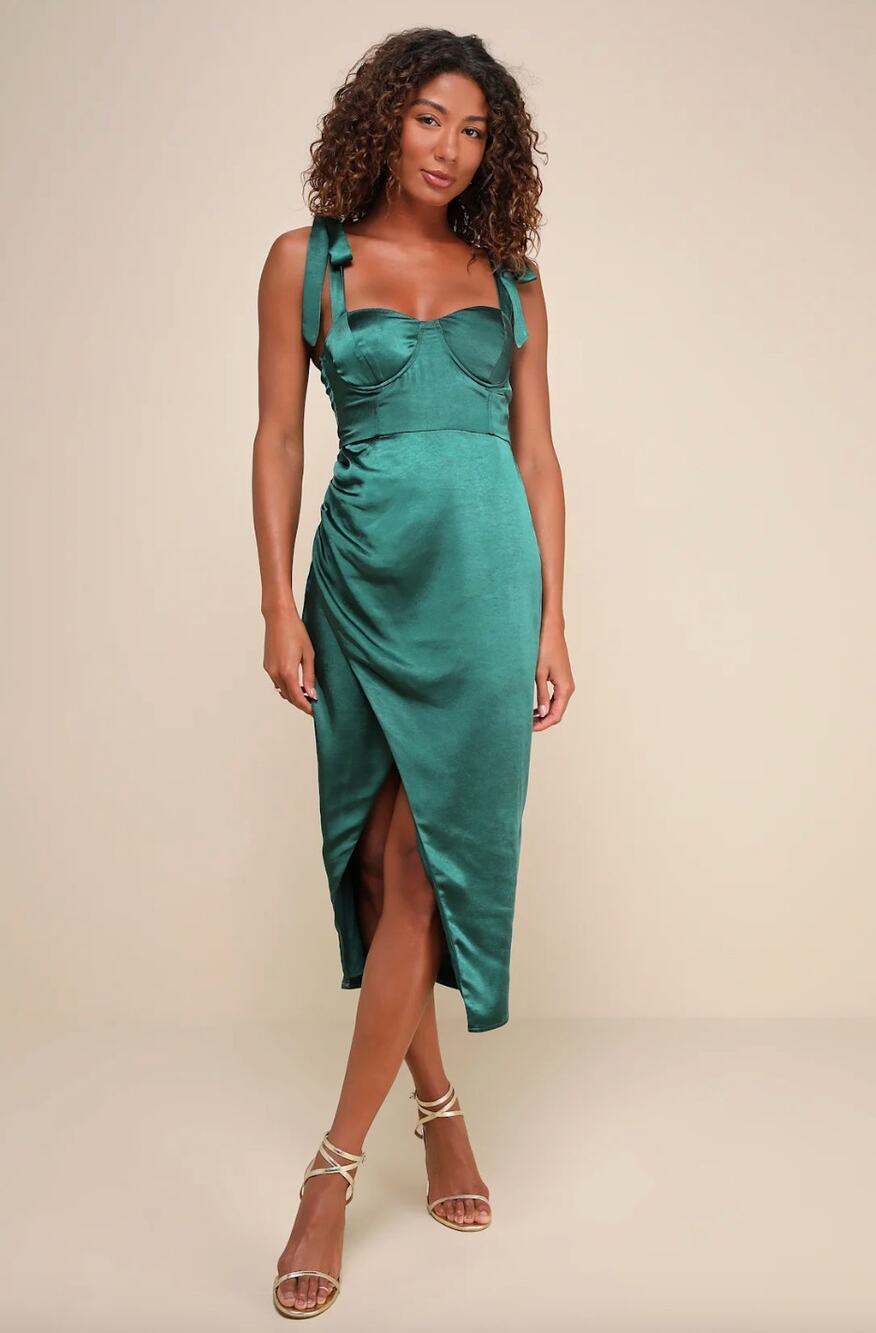 Lulus Graceful Sophistication Emerald Green Satin Tie-Strap Midi Dress XL NWT